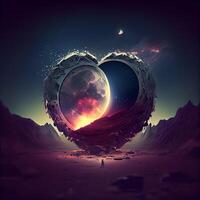 abstract scene with heart and planet in space. 3d rendering, Image photo