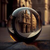 Crystal ball with old buildings in the background. 3D rendering., Image photo