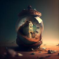 Conceptual image with old alarm clock and broken house on sand, Image photo