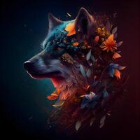 Illustration of a wolf with flowers and leaves on a dark background, Image photo