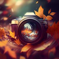 Autumn photography concept. Vintage camera with autumn leaves on nature background, Image photo