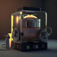 3d rendering of a kettle with headphones on a dark background., Image photo