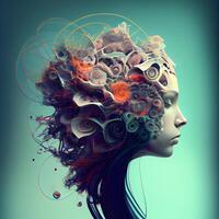 3D rendering of a female head with abstract brain and gears in it, Image photo