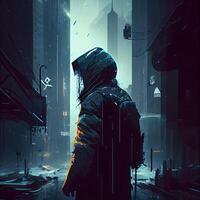 Mysterious silhouette of a man in a raincoat and hood standing in a dark city., Image photo