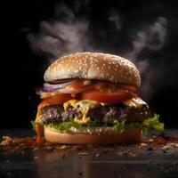 hamburguesa en un oscuro antecedentes con fumar, cerca arriba, ai generativo imagen foto