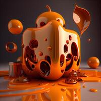 3d illustration of orange cube with holes and drops on a dark background, Image photo