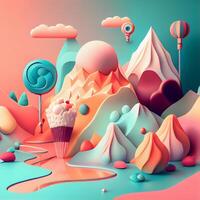 3d render, abstract background with mountains, clouds and ice cream, Image photo