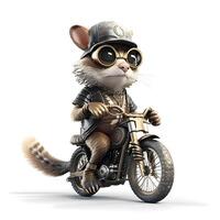 Cute cartoon cat dressed as a pilot sitting on a motorcycle isolated on white background, Image photo