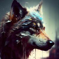 Fantasy portrait of a wolf. Digital painting on canvas. 3D rendering., Image photo