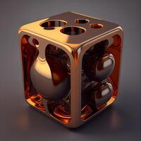 3D render of a golden dice on a dark background with reflections, Image photo