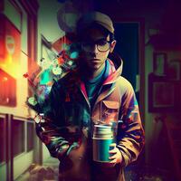 Portrait of a handsome young man in a cap and glasses with a cup of coffee., Image photo