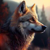 Beautiful wolf in the autumn forest. Digital painting. Illustration., Image photo