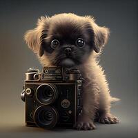 Pekingese puppy with old camera on a gray background. 3d rendering, Image photo