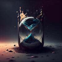 3d ilustración de un reloj de arena con agua salpicaduras en un oscuro fondo, ai generativo imagen foto