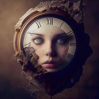 Closeup portrait of beautiful young woman with clock face. Time concept., Image photo