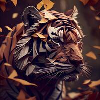 Tiger with autumn leaves as a background. 3d illustration., Image photo