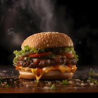 Burger with beef patty, tomato sauce and lettuce on black background, Image photo