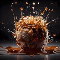 Chocolate apple with splashes and drops on a black background., Image photo