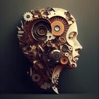 Abstract human head made of gears and cogwheels. 3D rendering, Image photo