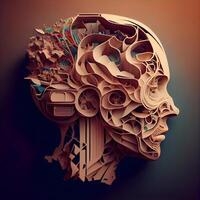 Abstract human head made of wooden elements. 3d render illustration., Image photo
