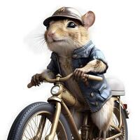 Funny cartoon hamster riding a vintage bike. White background., Image photo