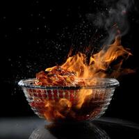 Steak on fire with flames and smoke on a black background., Image photo