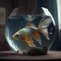 Goldfish in a round glass aquarium. 3d render illustration., Image photo