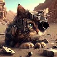 Cute cat wearing virtual reality glasses in the desert. 3d rendering, Image photo