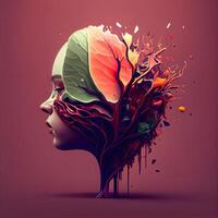 Human head made of colorful leaves and splashes. 3D rendering, Image photo