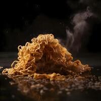 Noodles flying in the air on a black background with smoke, Image photo