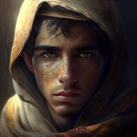 Portrait of a man with a hood. 3d rendering., Image photo