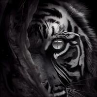 The tiger looks through the hole in the wall. Black and white, Image photo