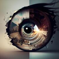 Close up of human eye with cityscape and lens. Mixed media, Image photo