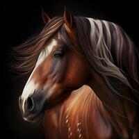 Portrait of a bay horse on a black background. Digital painting., Image photo