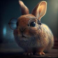 Cute rabbit with glasses on dark background. 3D rendering., Image photo