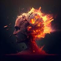 Creative illustration of burning human skull in flames on dark background., Image photo