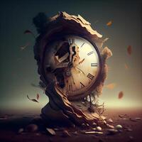 Conceptual image of an old clock in the desert. Time concept, Image photo