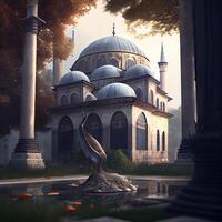 Mosque with fish in the water, 3d render illustration., Image photo