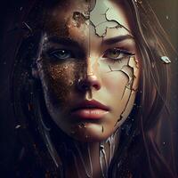 Portrait of a beautiful woman with broken glass on the face., Image photo