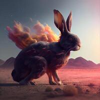 3D rendering of a rabbit in the desert with fire and smoke, Image photo