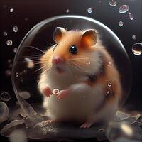 Hamster in a glass sphere with bubbles on a black background., Image photo