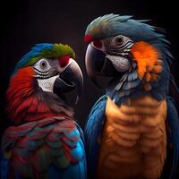 Beautiful macaws on a black background. 3d rendering., Image photo