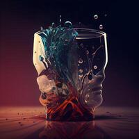 chapoteo en un vaso en un oscuro antecedentes. 3d representación, ai generativo imagen foto