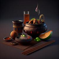 Illustration of a clay pot with Chinese food on a dark background, Image photo