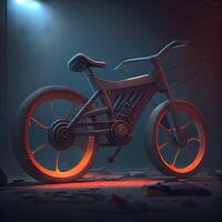 3d representación de un bicicleta en un oscuro habitación iluminado por rojo luces, ai generativo imagen foto