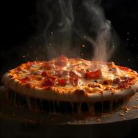 Pizza con tocino y queso Mozzarella en un oscuro fondo., ai generativo imagen foto