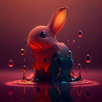 Rabbit in water with drops. 3D rendering. Red background., Image photo