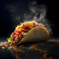 Taco with meat and vegetables on a wooden table. Selective focus., Image photo