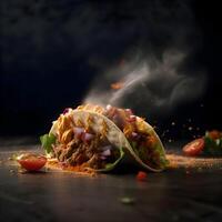 Tacos with meat and vegetables on a black background with smoke, Image photo