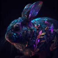 Digital painting of a hare in a dark space with colorful lights, Image photo